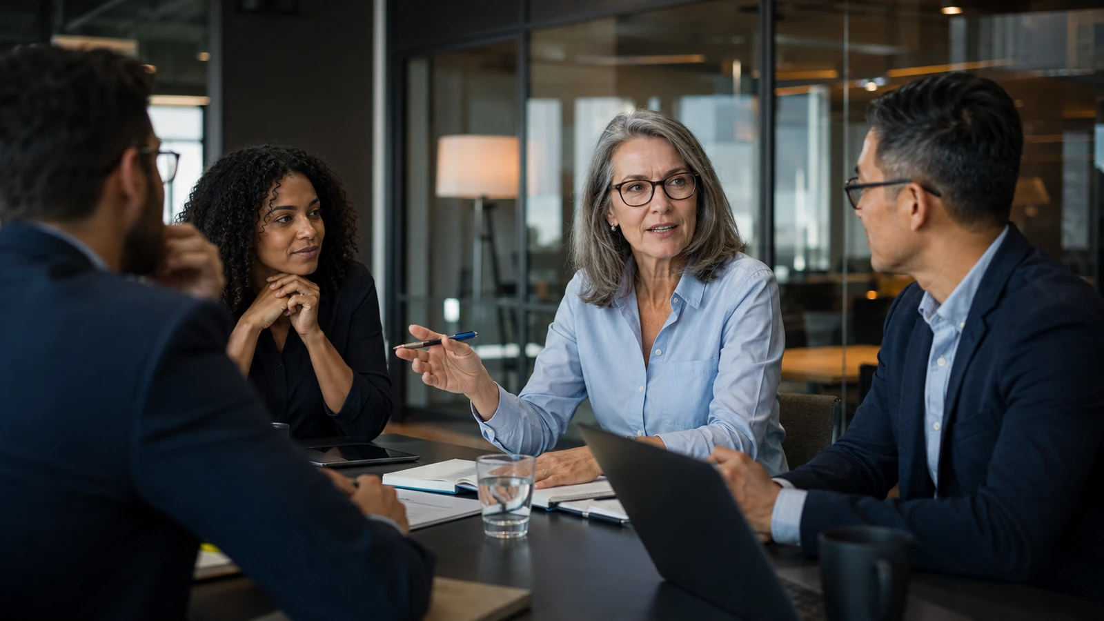 Experienced older professional participating in a workplace meeting with colleagues.