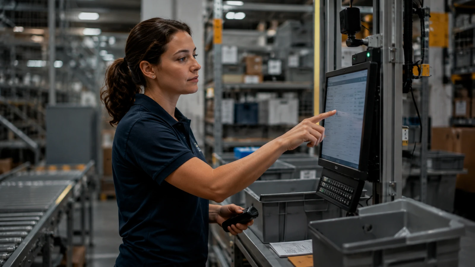 Worker using an automated workplace terminal in a modern logistics facility.