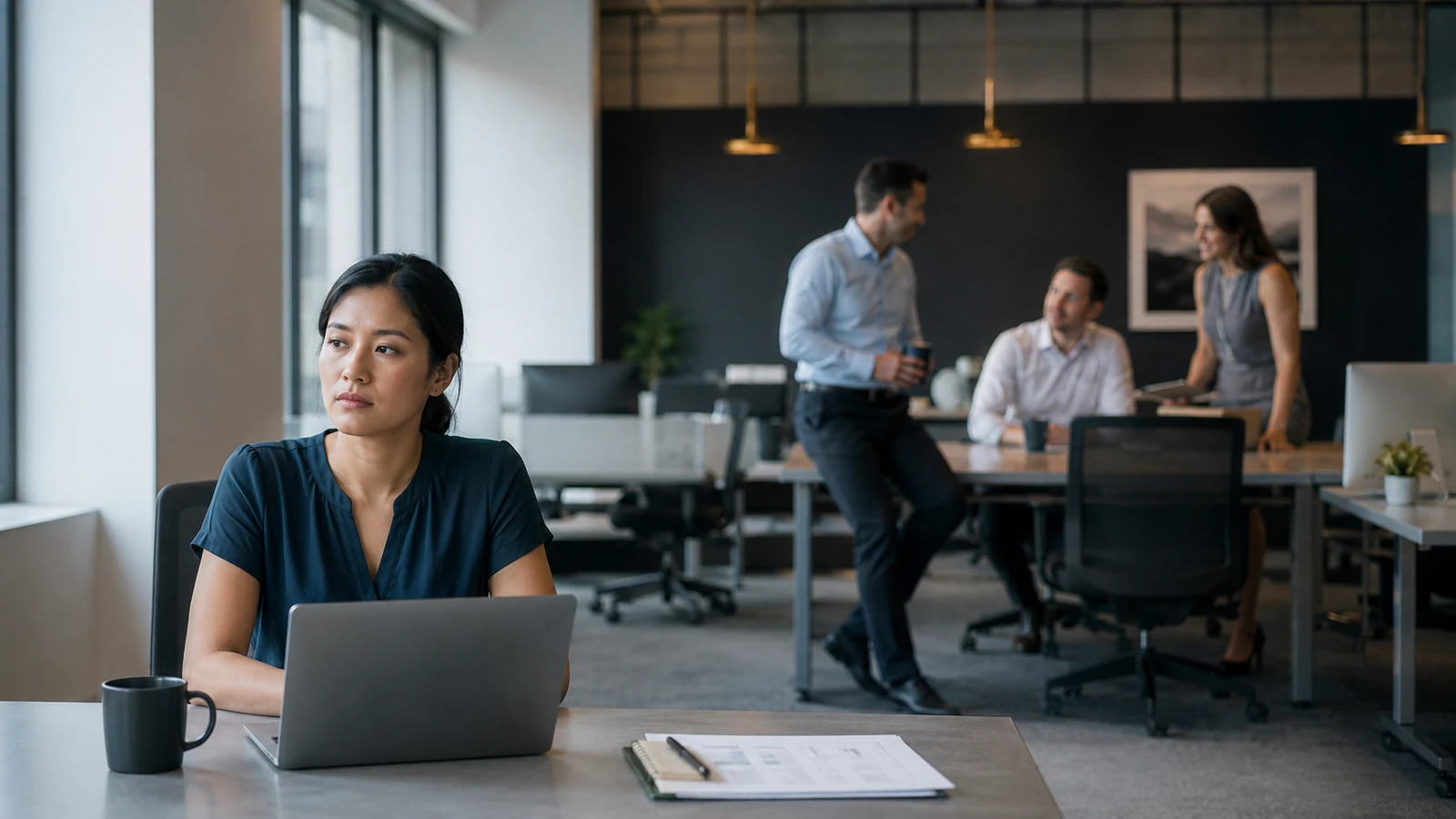 Employee seated apart from coworkers in a professional workplace.