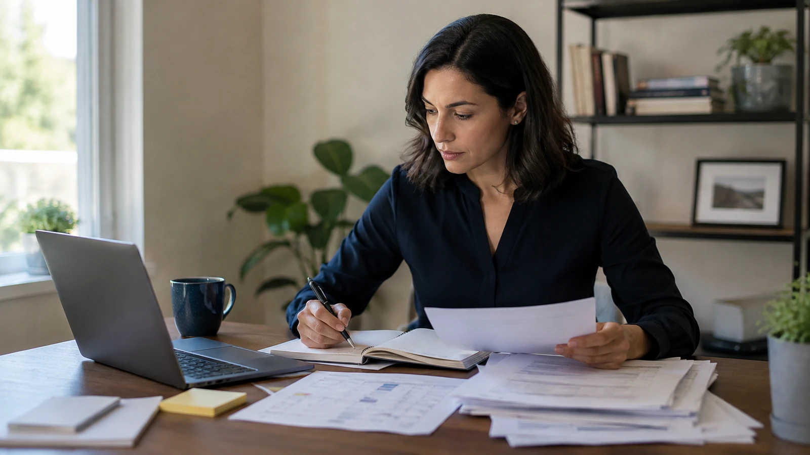 Worker reviewing employment documents and organizing information at a home office desk.