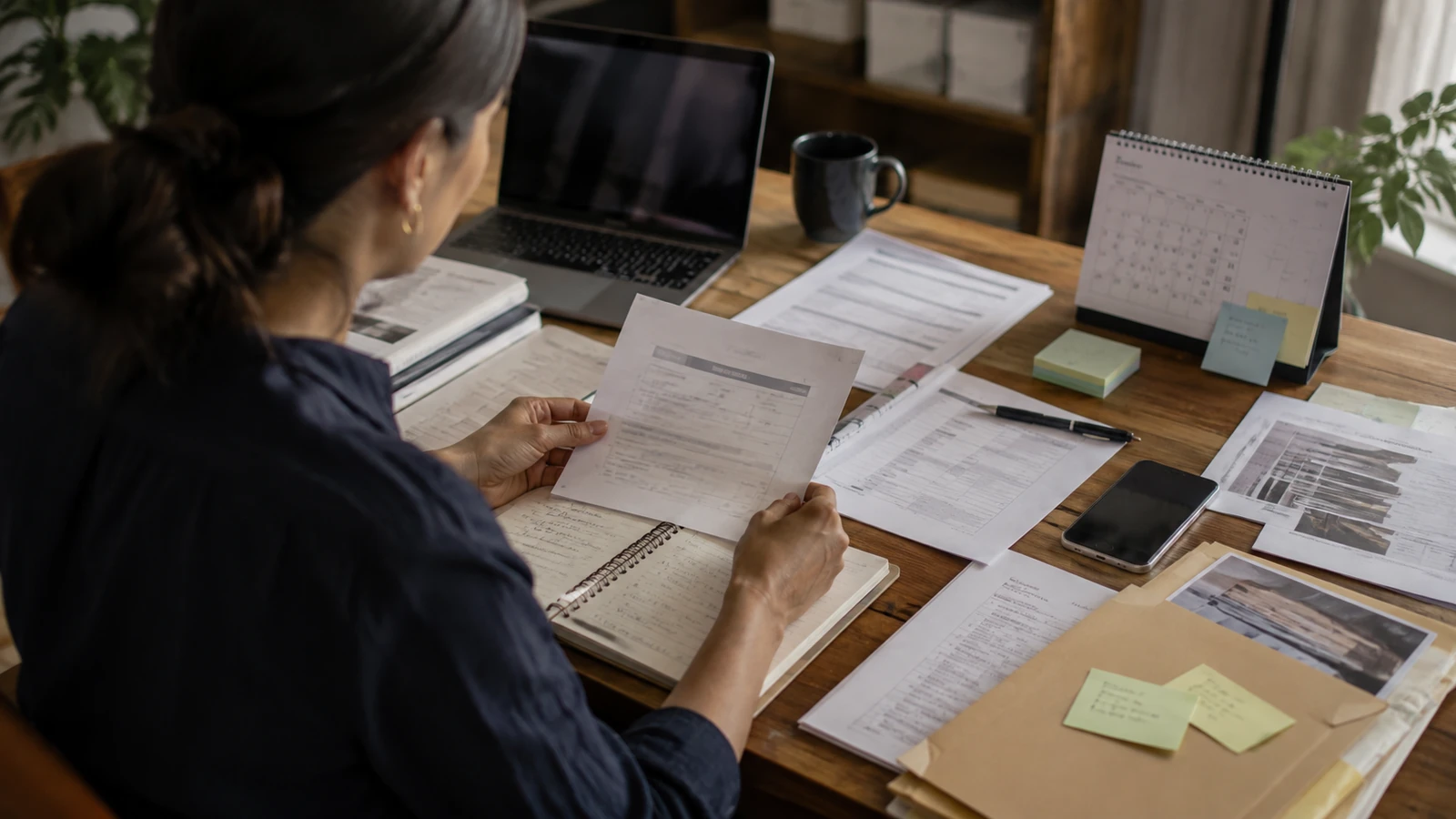 Worker organizing workplace records, a calendar, notes, and documents.