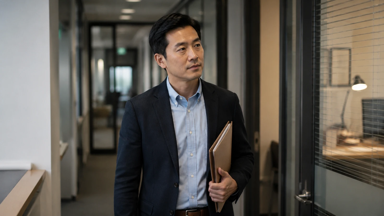 Professional employee carrying files in a neutral government-style office corridor.