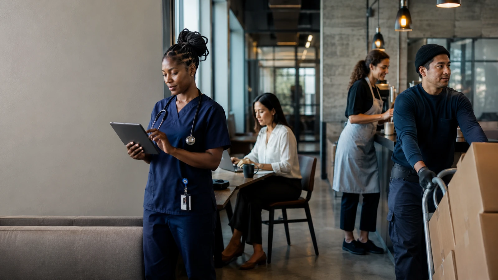 Workers from different industries in a contemporary workplace setting.