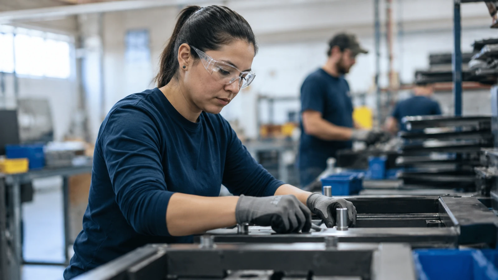 Manufacturing worker operating equipment in a modern industrial workplace.