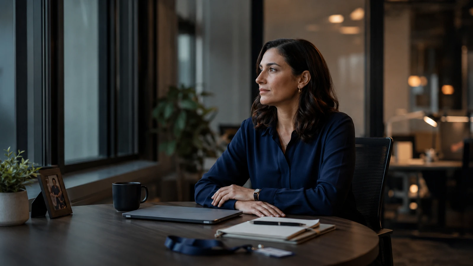 Professional worker seated at a quiet workstation during a workplace transition.