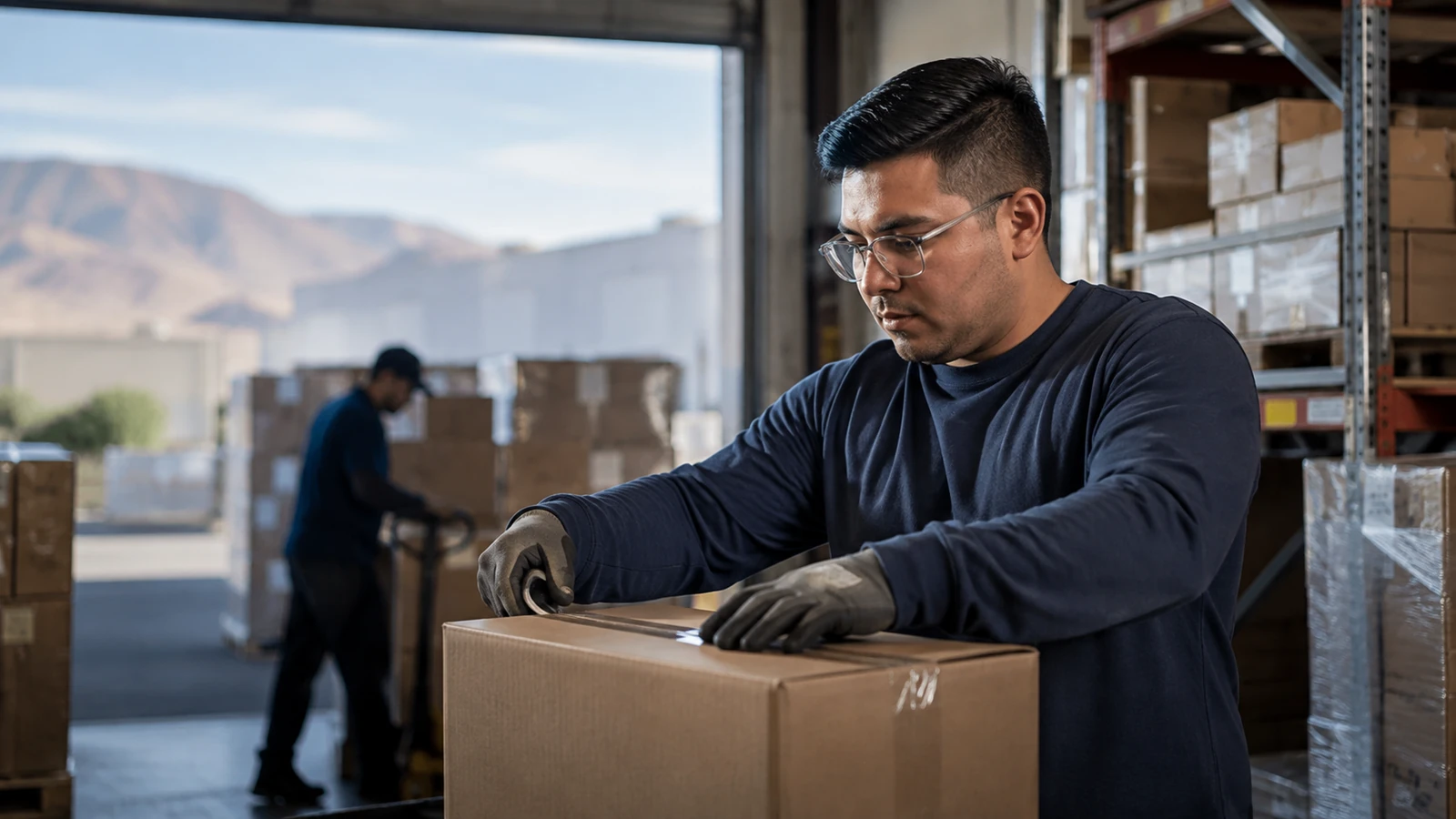 Warehouse worker in Nevada with desert mountains visible beyond the workplace.