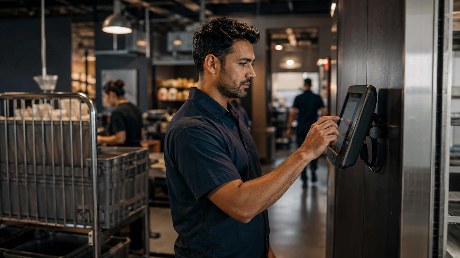 Hourly worker using a workplace timekeeping terminal near the end of a shift.